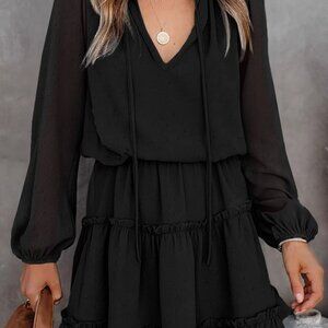 Ruffled tulle knee-length dress Solid color casual pullover dress